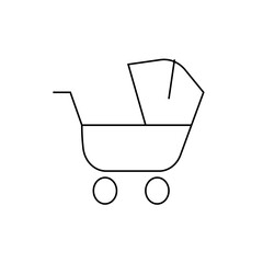 Simple line drawing of a baby stroller with a hood and two wheels isolated on a white background view