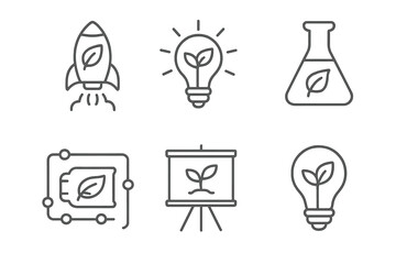 Biodegradable Innovation Icons. Line style icons of biodegradable plastics: startup innovation, green lightbulb icon, eco lab gear