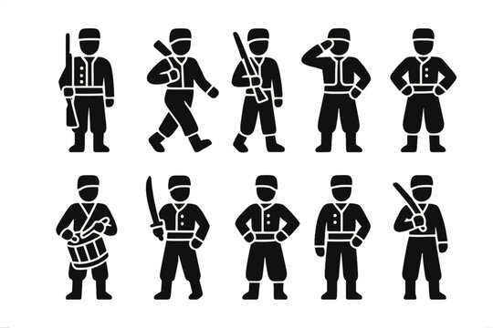 Zouave Soldier Icons. Solid style icons of Zouave soldier posture: Standing Guard, Marching Pose, Rifle Over Shoulder, Salute