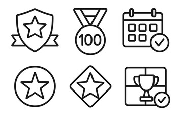 Geocaching Icon Set. Line style icons of Geocaching Achievement Icons: FTF badge, 100 finds medal, streak calendar, milestone