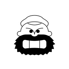Angry cartoon sailor face with a white hat and a black beard showing teeth in a simple line drawing
