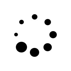 A circular arrangement of black dots varying in size on a white background creating a loading icon effect