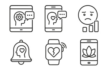 Mental Health Icons. Line style icons of mental health: digital mental health tools, mobile therapy app, mood tracker icon, mental