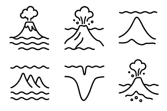 Volcanology Icon Set. Line style icons of volcanology: volcanic island formation, underwater eruption, seamount icon, island arc,