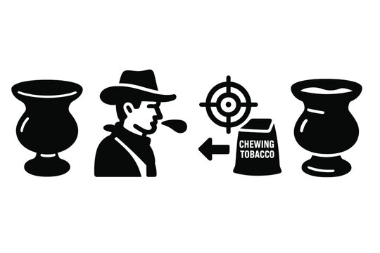 Vintage Tobacco Tools. Solid style icons of Vintage Chewing Tobacco Tool: Spittoon, Brass, Aim, Chewing Tobacco, Saloon, Rim,