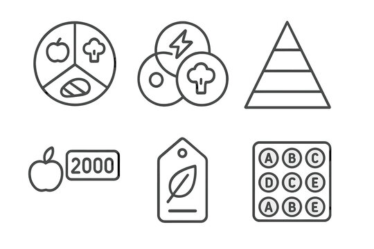 Nutrition Science Icons. Line style icons of nutrition science: balanced plate diagram, macro and micronutrient chart, food