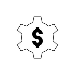 A black dollar sign is centered inside a white gear with black outline on a plain white background view
