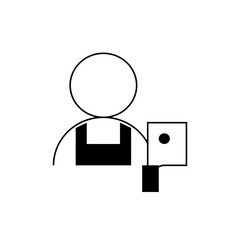 Illustration of a person in overalls holding a square object with a dot in it on a white background
