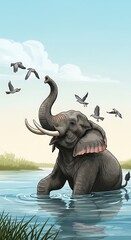 Elephant playing in water with birds flying around its trunk.