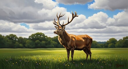 Majestic Stag Standing Proudly in a Lush Green Meadow Under a Cloudy Sky.