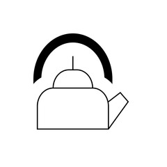 A simple line drawing of a kettle with a curved handle above it and a spout on the right side of the kettle