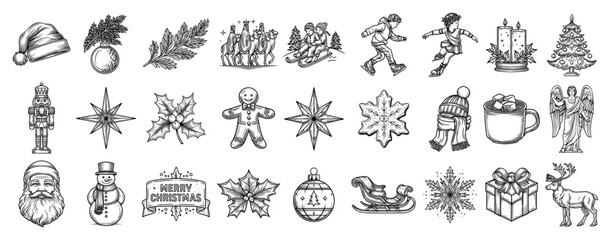 Fototapeta premium Christmas icon collection – festive holiday doodles pack from Santa to snowflakes