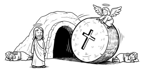 Fototapeta premium Resurrection scene – angel rolling stone from empty tomb, Christ risen line art