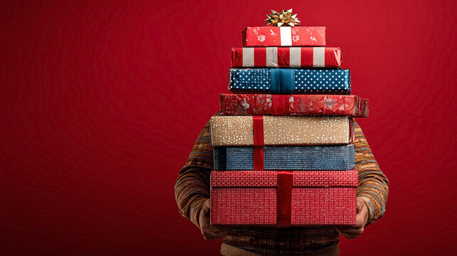 A man holds a pile of gifts in boxes in front of him. Christmas gifts. A man with a pile of boxes wrapped in holiday wrapping and with bows. The person is not visible behind the gifts. Red background