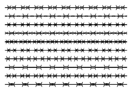 Set of barbed‑wire pattern brushes &ndash; varied horizontal security borders in clean vector silhouettes