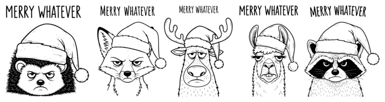Sarcastic 'Merry Whatever' animal faces in Santa hats border &ndash; quirky holiday illustration