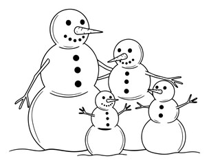 Cheerful family of snowmen with carrot noses and twig arms – playful winter illustration