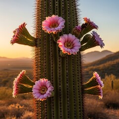Stunning Pink Saguaro Cactus Flowers Blooming in the Sonoran Desert at Sunset.