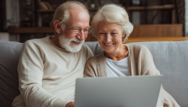 Elderly Caucasian Couple Engage In Video Call On Laptop, Laugh, And Cuddle In Indoor Living Room - Senior Family Joy.