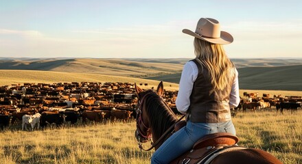 Blonde female rider on her horse observes a massive herd of cattle grazing across vast rolling plains bathed in warm golden evening light. Authentic open range.