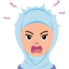Angry Woman Wearing Light Blue Hijab and Purple Scarf Expressing Frustration with Lightning Bolts and Wide Mouth Against White Background