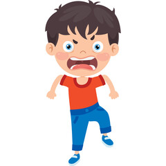 Angry Young Boy with Dark Hair and Blue Eyes Wearing an Orange T Shirt and Blue Jeans Expressing Frustration and Aggression Isolated on a White Background