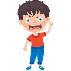 Angry Young Boy with Brown Hair and Blue Eyes Wearing an Orange T-shirt and Blue Jeans Expressing Frustration with a Raised Fist Against a White Background