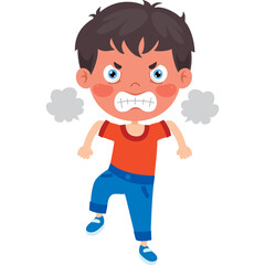 Angry Young Boy With Red Face and Steam Coming From Ears Cartoon Illustration Isolated on White Background Vibrant Colors Expressing Frustration