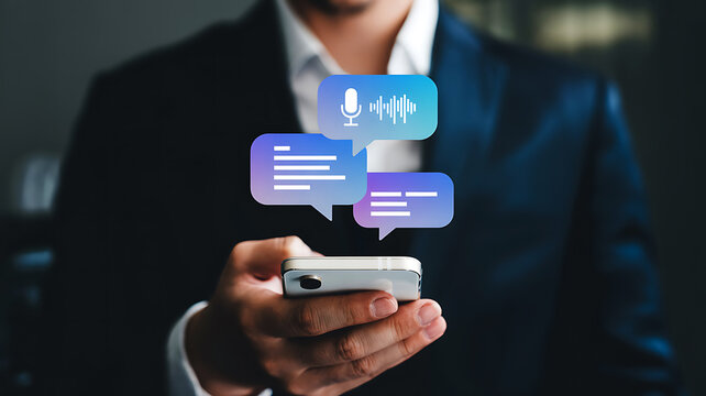 Professional businessman uses smartphone for instant messaging and voice communication, enhancing modern business connectivity and efficiency.