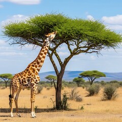 Giraffe Reaching for Leaves on a Tree in the African Savanna.