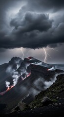 Dramatic Lightning Strikes Over Volcanic Mountain Eruption.