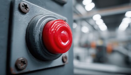 Fototapeta premium Big Red Emergency Stop Button For Manual Pressing In Industrial Environments. Ensuring Safety And Emergency Stops In Factories And Industrial Facilities.