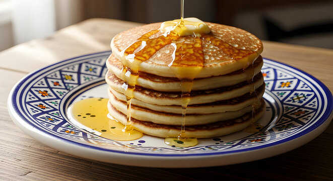 Authentic Moroccan baghrir pancakes with honey and butter, styled on colorful dishware in warm daylight