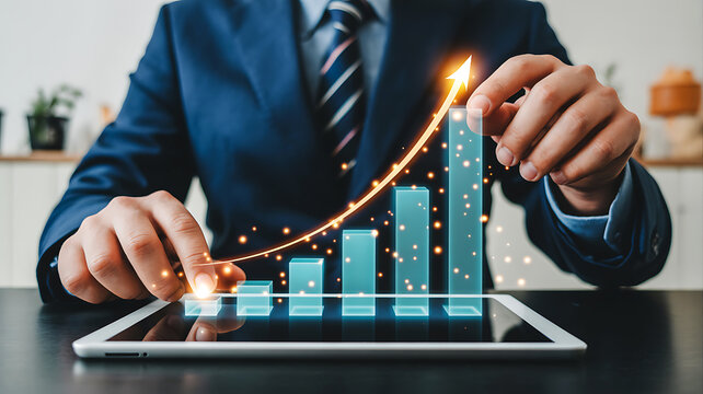 Professional businessman expertly navigates digital growth charts on tablet, visualizing successful financial performance and future projections.