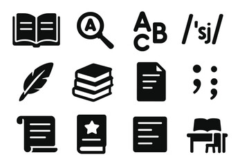 Lexicography Icon Set. Solid style icons of lexicography: open dictionary, magnifying glass on word, alphabet letters, phonetic