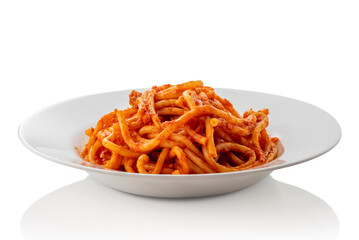 Bucatini pasta Amatriciana, Italian pasta with tomato sauce, pecorino cheese, and guanciale bacon in a white dish isolated on white, clipping path