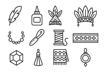 Fototapeta premium Cultural Headwear Icons. Line style icons of Cultural Headwear: Feather, Glue, Complex Design, Headdress; Beadwork, Leather Strip,