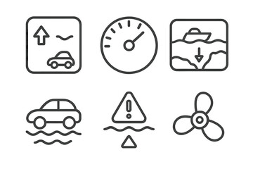 Amphibious Car Dashboard Icons. Line style icons of amphibious car dashboard UI: land-to-water switch, speed in knots, depth