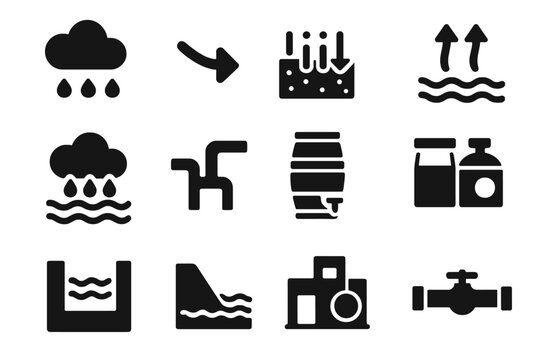 Urban Water Cycle Icons. Solid style icons of Urban water cycle: rainfall cloud, runoff arrow, infiltration zone, groundwater