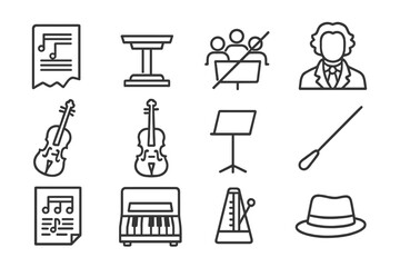 Obraz premium Forgotten Musical Symbols. Line style icons of Forgotten Notes: Unfinished Score, Conductor's Podium, Silent Orchestra, Lost