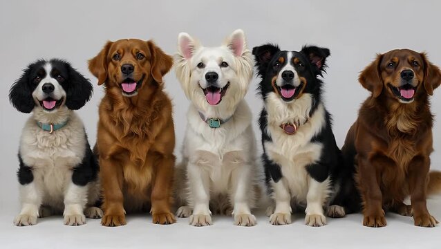 collection of five canine animals of various distinct breeds arranged in a single row and gazing directly towards the