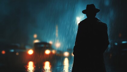 Mysterious Detective: A Shadowy Figure In Trench Coat And Fedora, Braving The Rain On A Noir Film Set Street.