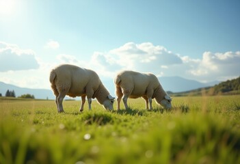 Obraz premium Charming Pastoral Scene with Grazing Sheep in a Serene Meadow under a Clear Sky