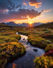 Scenic Sunset Over Mountain Landscape with Flowing River.