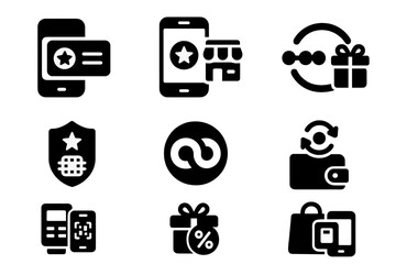 Hybrid Loyalty Icons. Solid style icons of hybrid loyalty systems: points card with phone, app + store stamp icon, reward progress