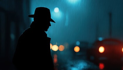 Mysterious Figure: Man In Raincoat And Hat Under Cover Of Night In An Urban Crime Noir Setting Stands Silhouetted.