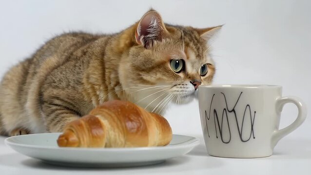 Domestic Feline Sitting Beside a Breakfast Setting Comprising a Fresh Croissant on a Plate and a Steaming Mug of Coffee on a White