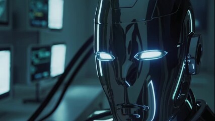 Close up of a futuristic robot with glowing eyes in a dark room with monitors behind it - Powered by Adobe