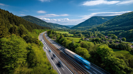 Fast road through countryside landscape rural highway transportation route freight corridor logistics pathway shipping road countryside travel speed perspective bokeh with