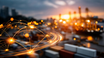 Network visualization concept digital connectivity logistics network supply chain connections technology infrastructure data communication business network bokeh with copy